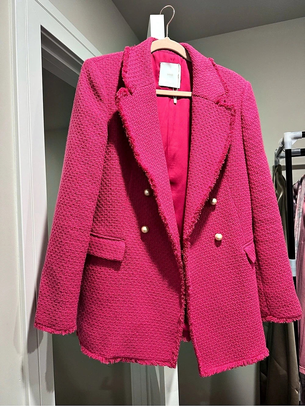 Mango Fitted Tweed Jacket Frayed Trim Pink Size Medium